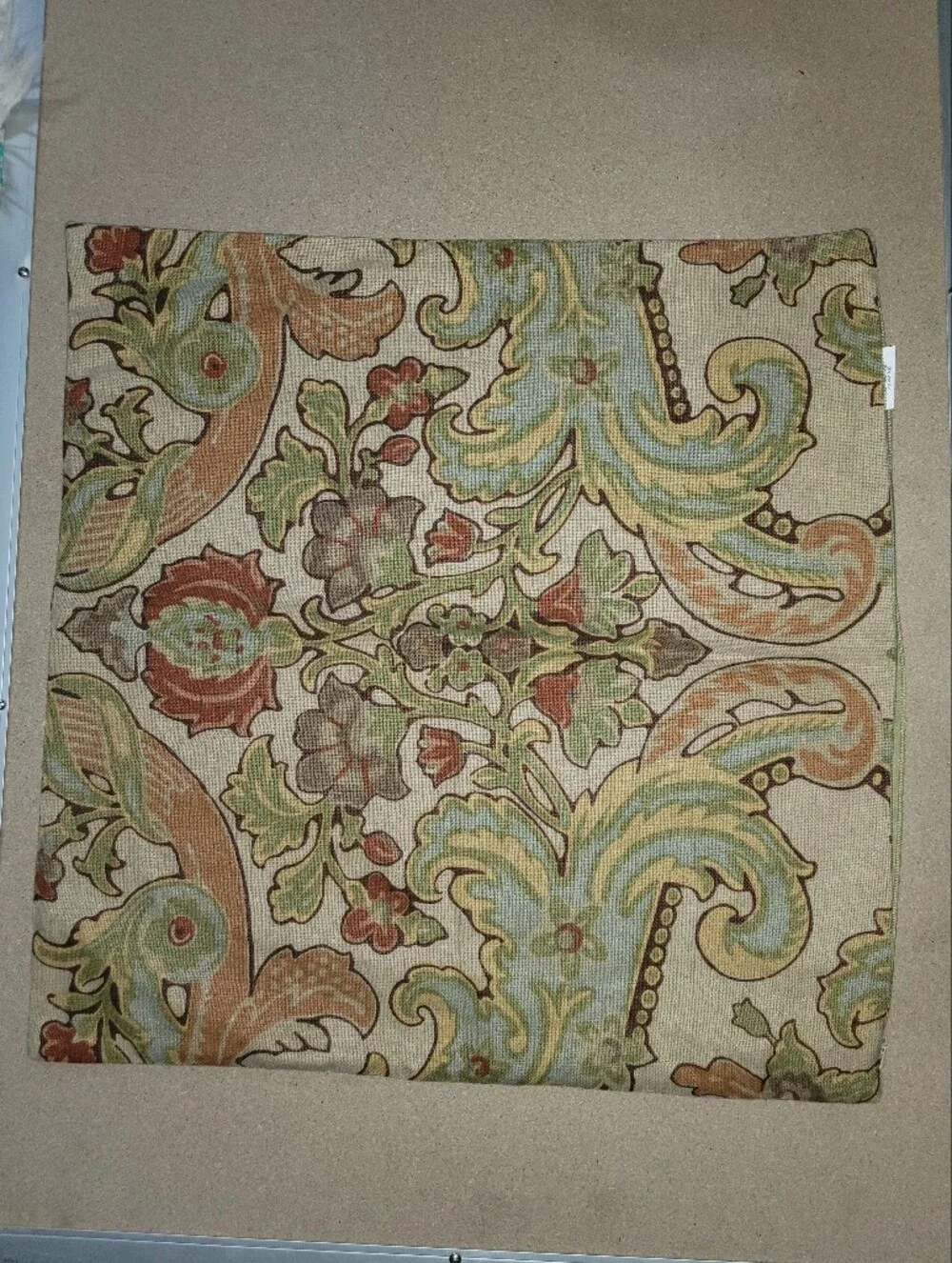 Pottery Barn Neutral Floral Damask Pillow Cover with Green and Rust  20X20